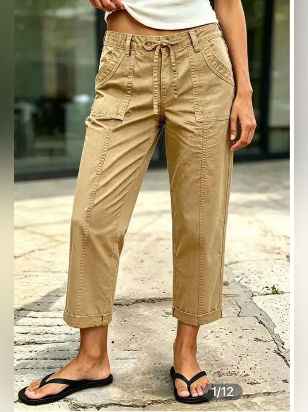 Flamingals Solid Seam Front Roll Hem Drawstring Mid Rise Straight Leg Crop Pants